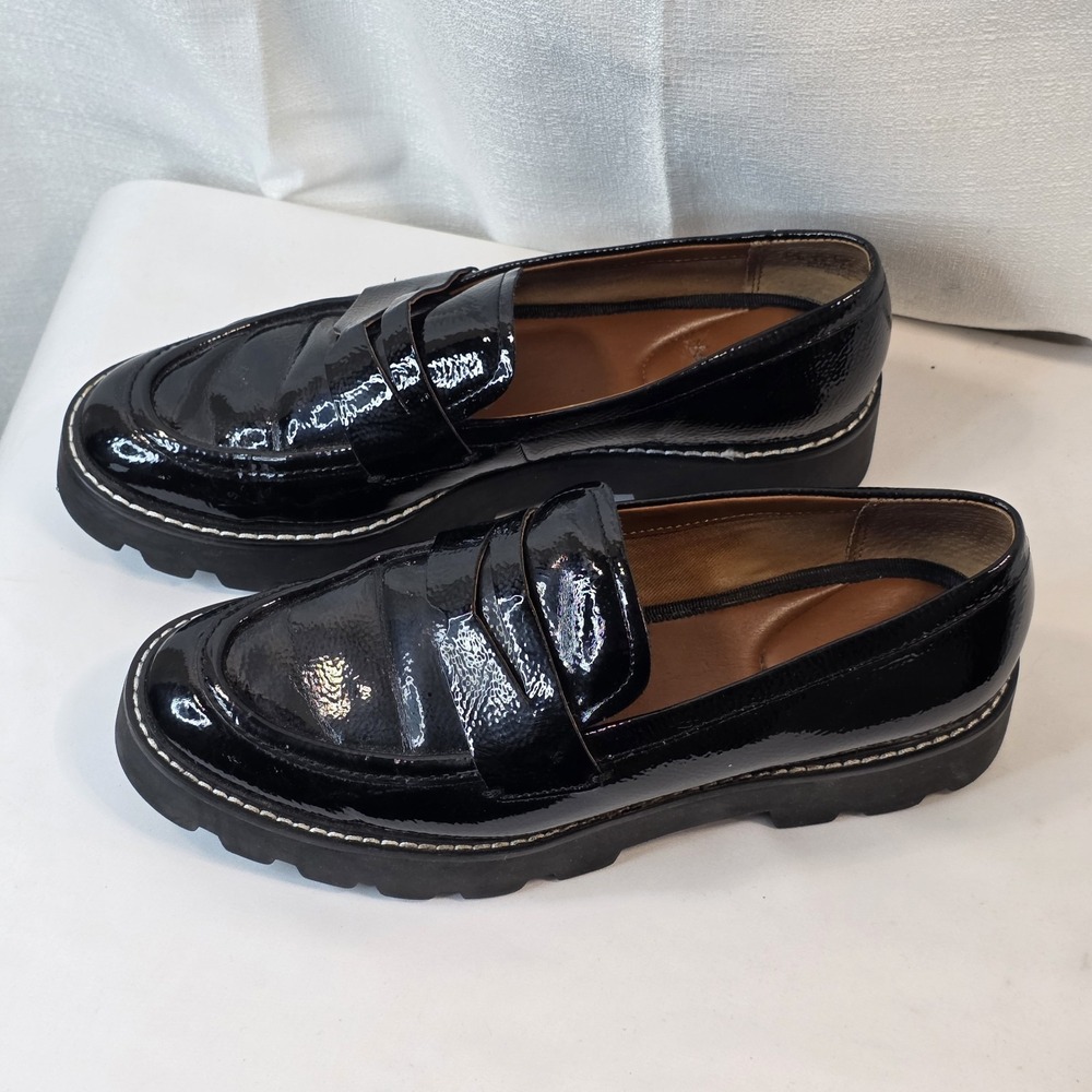 Franco Sarto Balin Lug Sole Chunky Loafer Midnight Black Patent Womens Size 7.5M